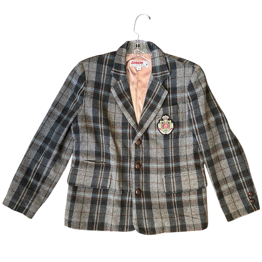 Kids SNOOPY Crested Grey Plaid Blazer